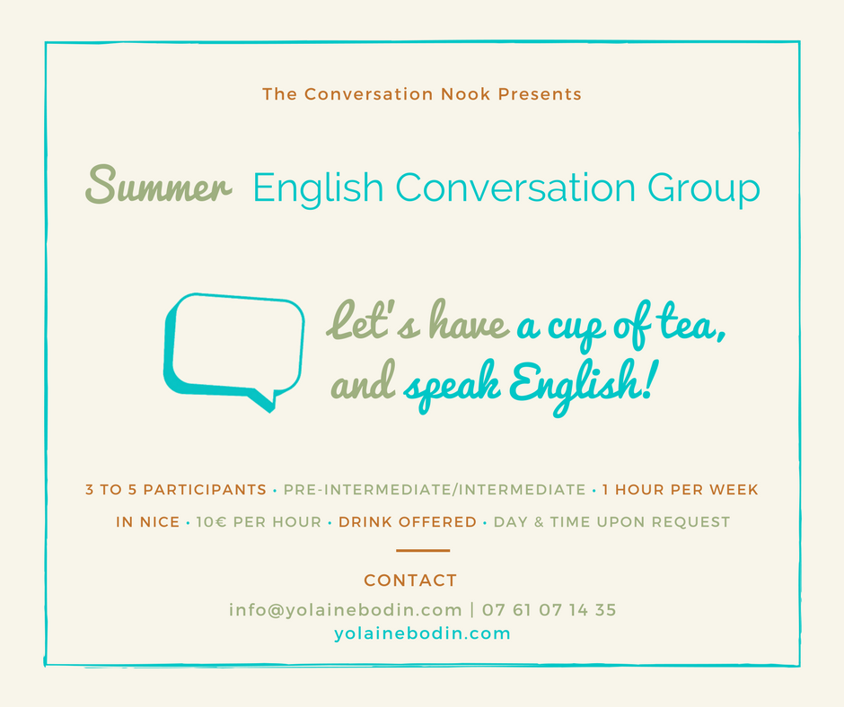 Summer English Conversation Group in Nice with Yolaine Bodin