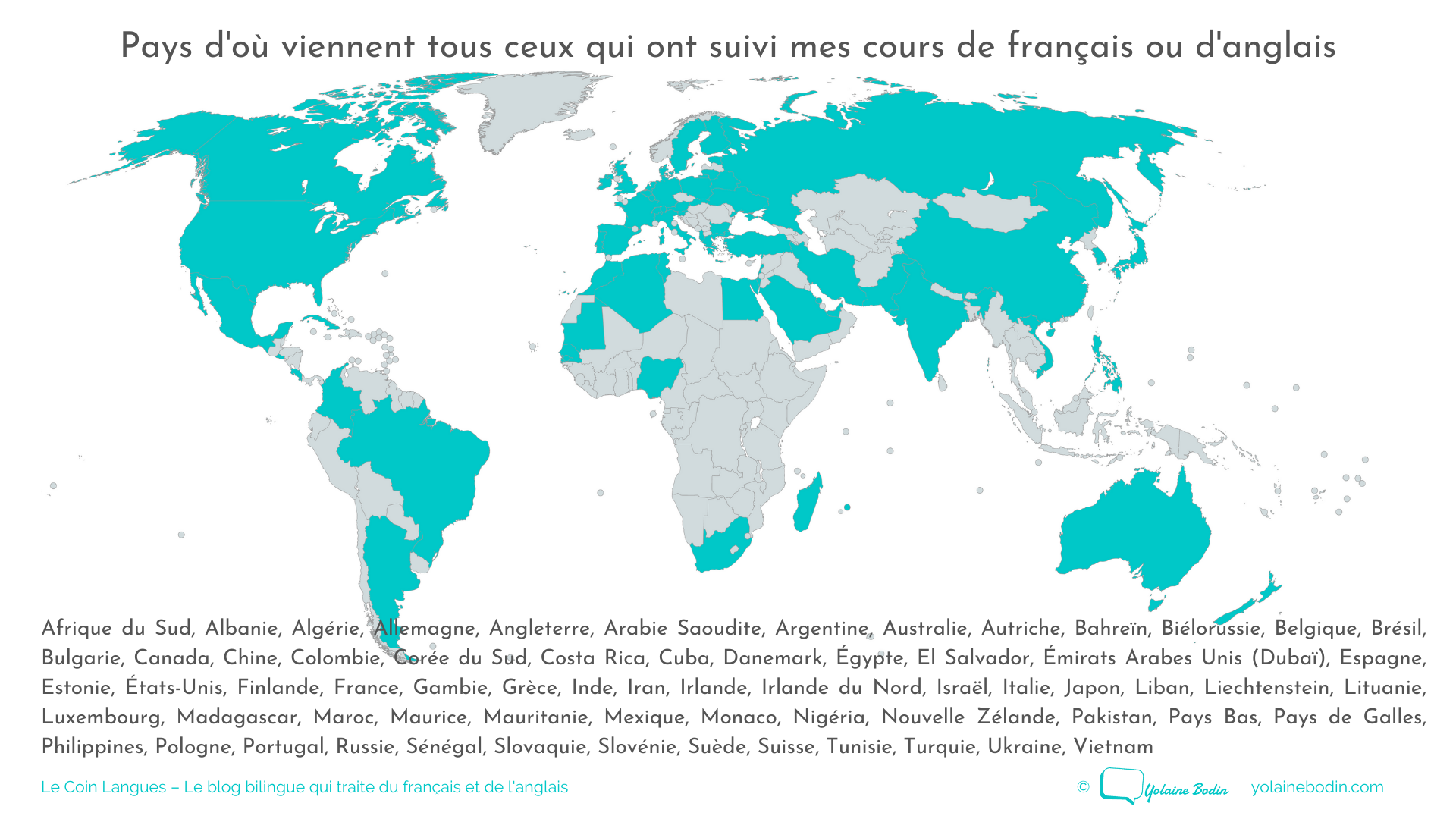 Carte des pays de mes étudiants en français et en anglais - Yolaine Bodin